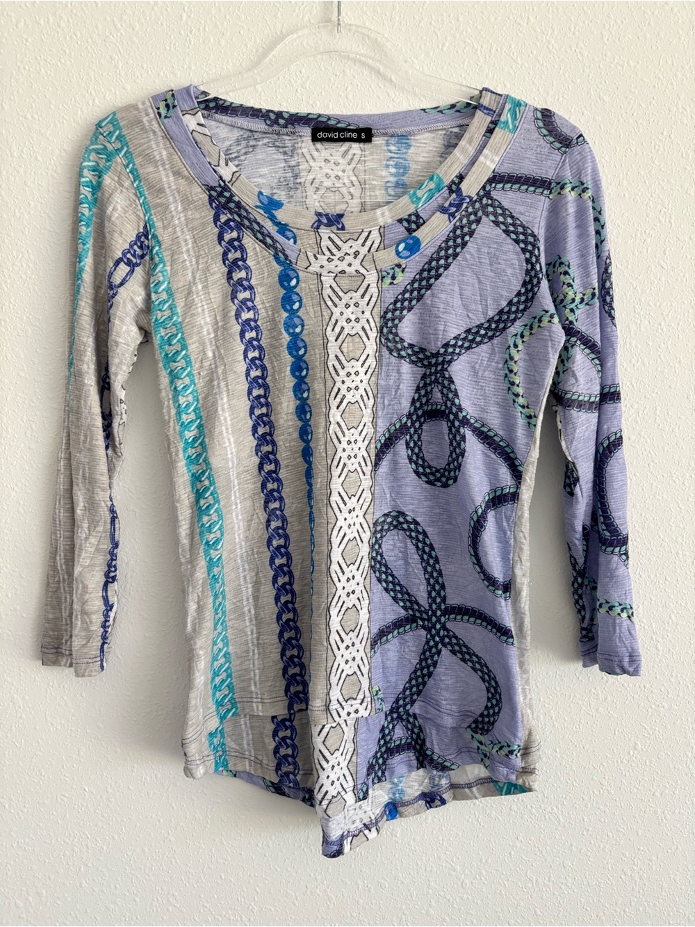 David Cline Nautical Rope-Print Long Sleeve Scoop Top